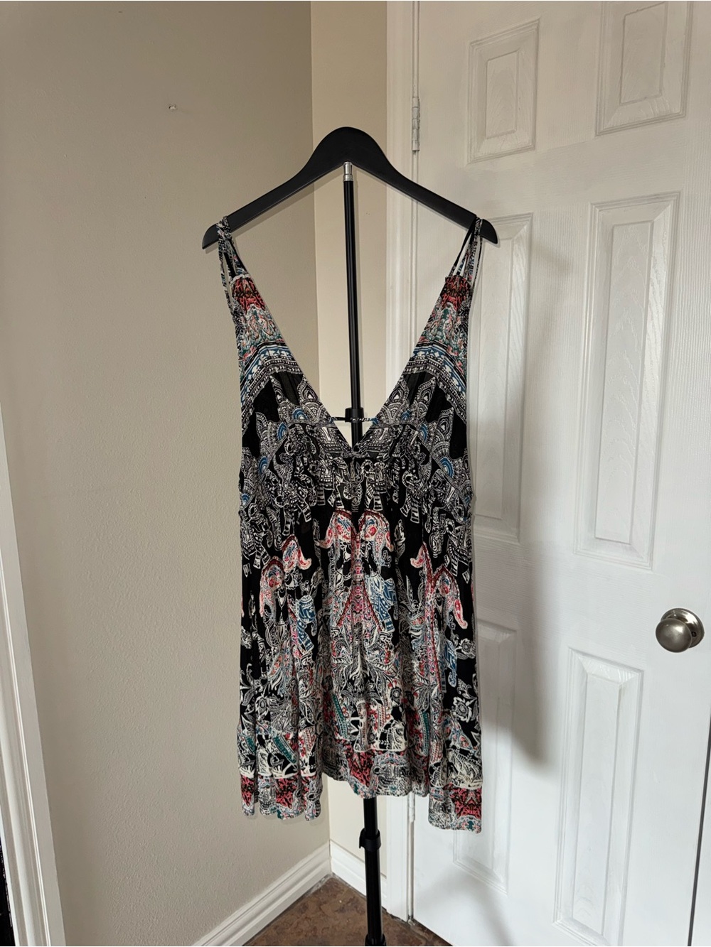 Free People Black Multi Paisley Elephant V-Neck Slip Dress